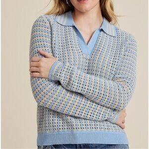 NWT Maurices Womens Blue Cream Ivory Open Knit Collared Sweater 100% Cotton